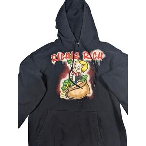 Richie Rich Mens Black Graphic Hoodie Sweatshirt Money Bag Streetwear Small